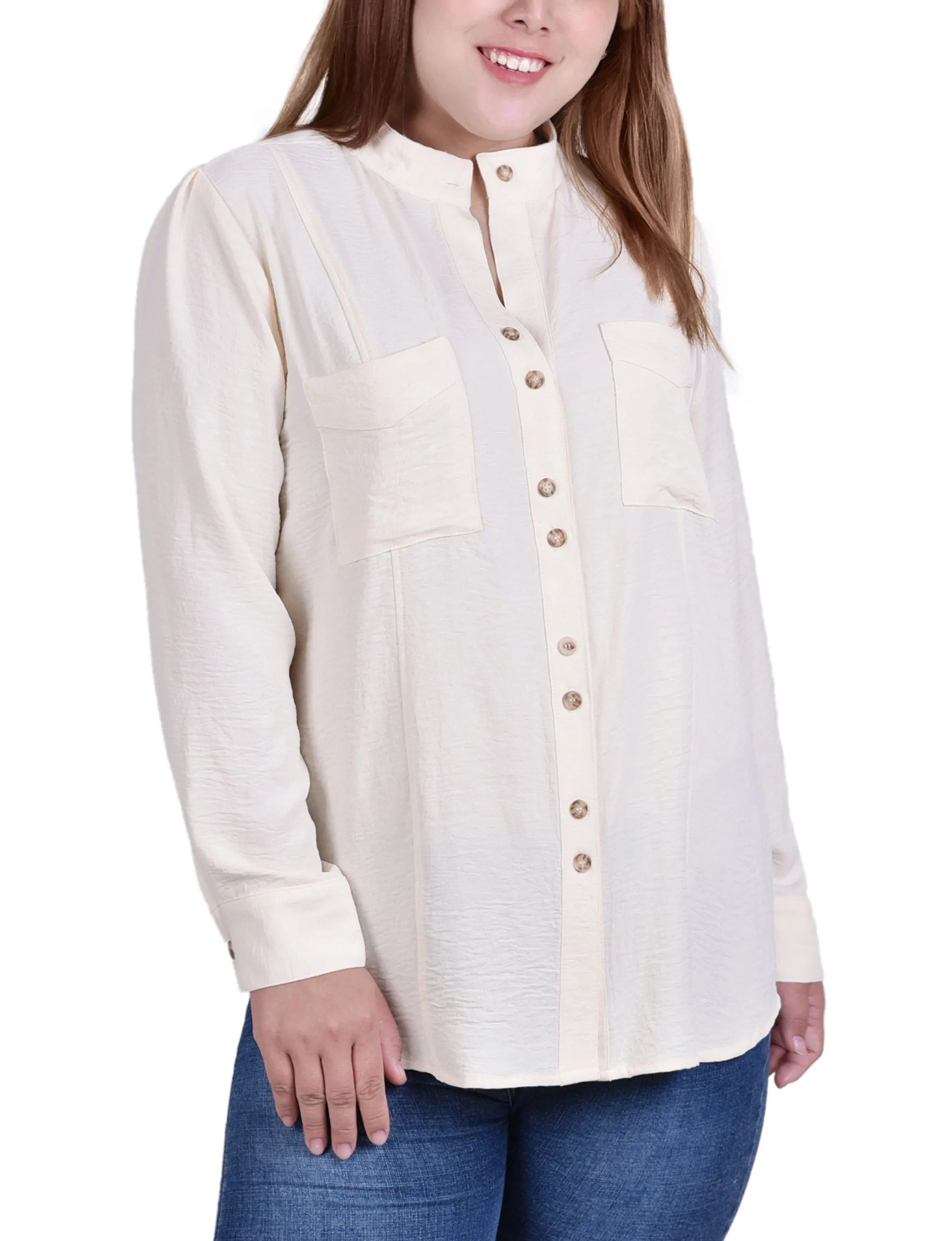 Plus Size Long Sleeve Button Mandarin Collar Blouse