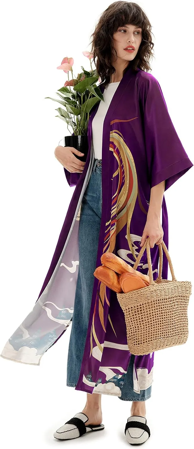 PRODESIGN Long Kimono Robe Satin Sleepwear Phoenix Handprinted Silky Nightgown Bathrobe Blouse Cardigan for Women