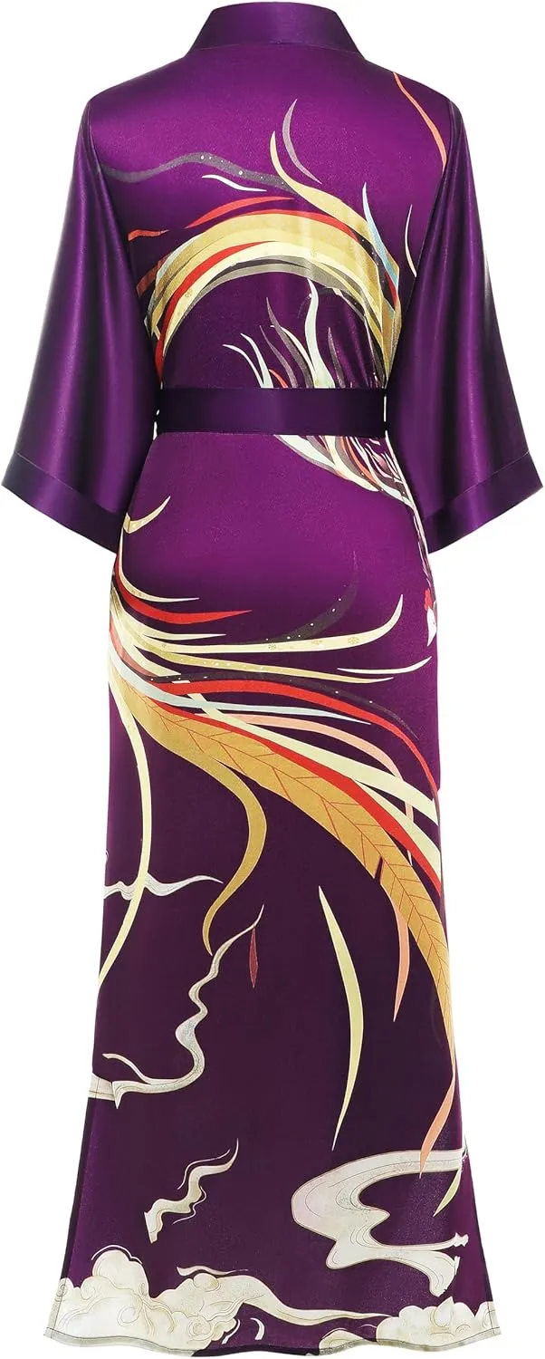 PRODESIGN Long Kimono Robe Satin Sleepwear Phoenix Handprinted Silky Nightgown Bathrobe Blouse Cardigan for Women