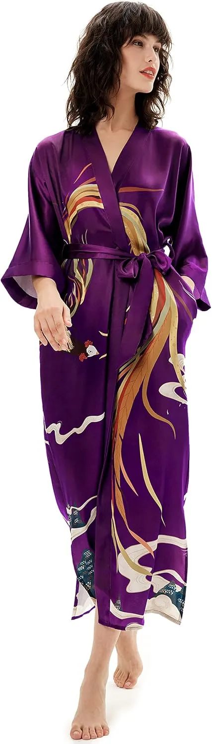 PRODESIGN Long Kimono Robe Satin Sleepwear Phoenix Handprinted Silky Nightgown Bathrobe Blouse Cardigan for Women