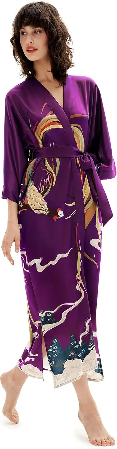 PRODESIGN Long Kimono Robe Satin Sleepwear Phoenix Handprinted Silky Nightgown Bathrobe Blouse Cardigan for Women