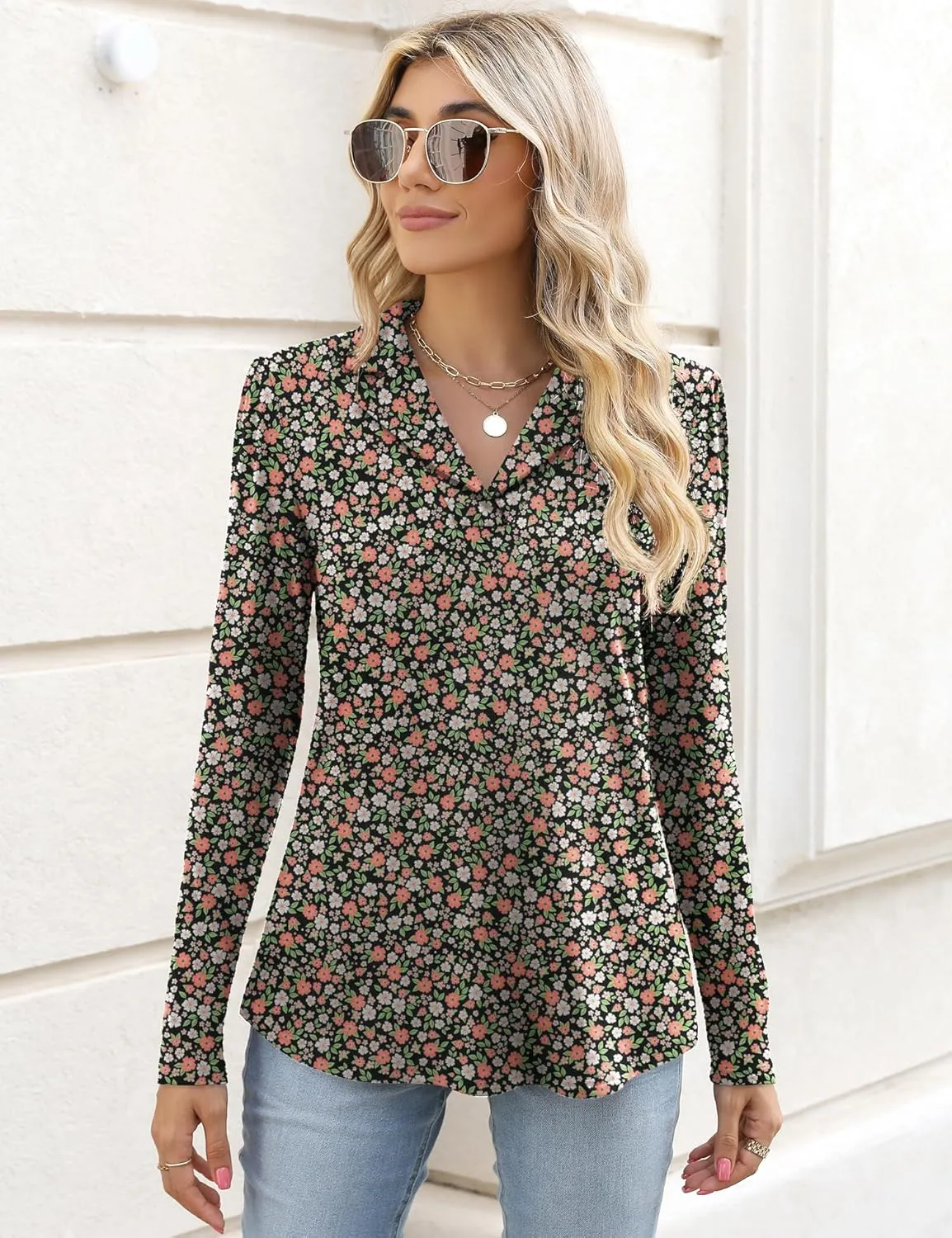 Rapbin Women's Notch Collar Shirt V Neck Short Sleeve Casual Tunic Tops