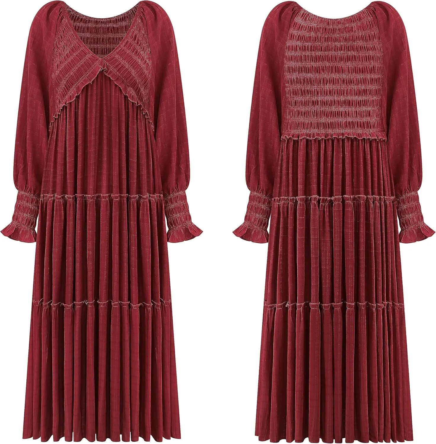 R.Vivimos Maxi Dress for Women Long Sleeve V Neck Empire Waist Layered Ruffle Boho Casual Flowy Long Dresses
