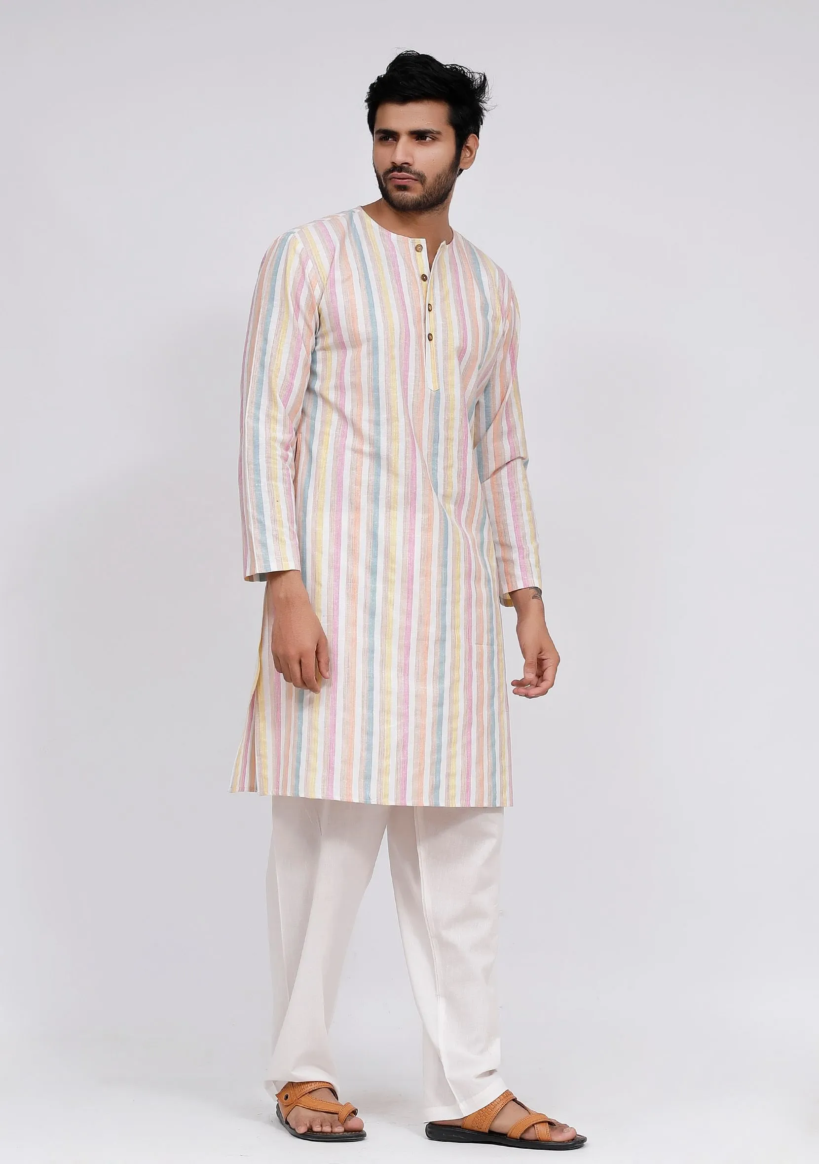 Set of 2: White Stripe Button Down Kurta and White Pajama
