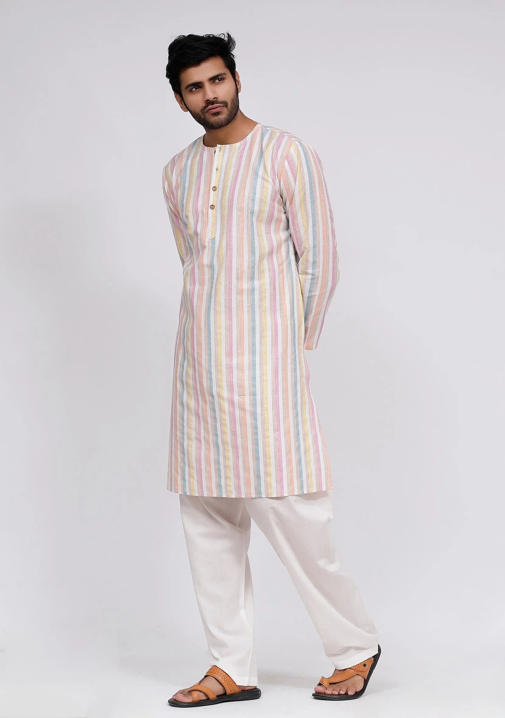 Set of 2: White Stripe Button Down Kurta and White Pajama