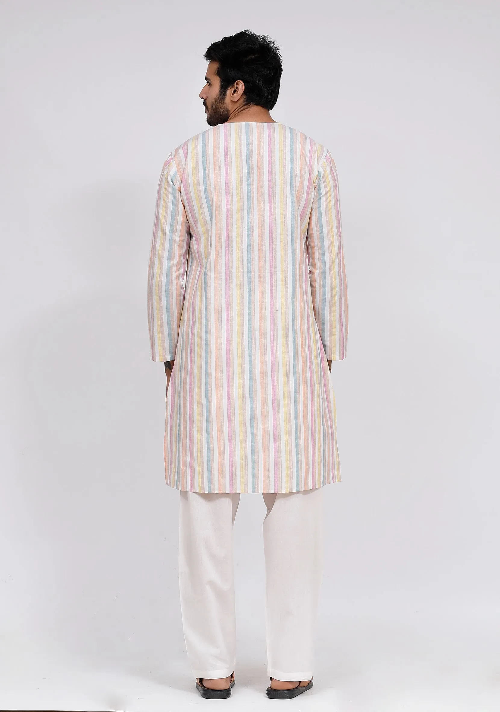 Set of 2: White Stripe Button Down Kurta and White Pajama