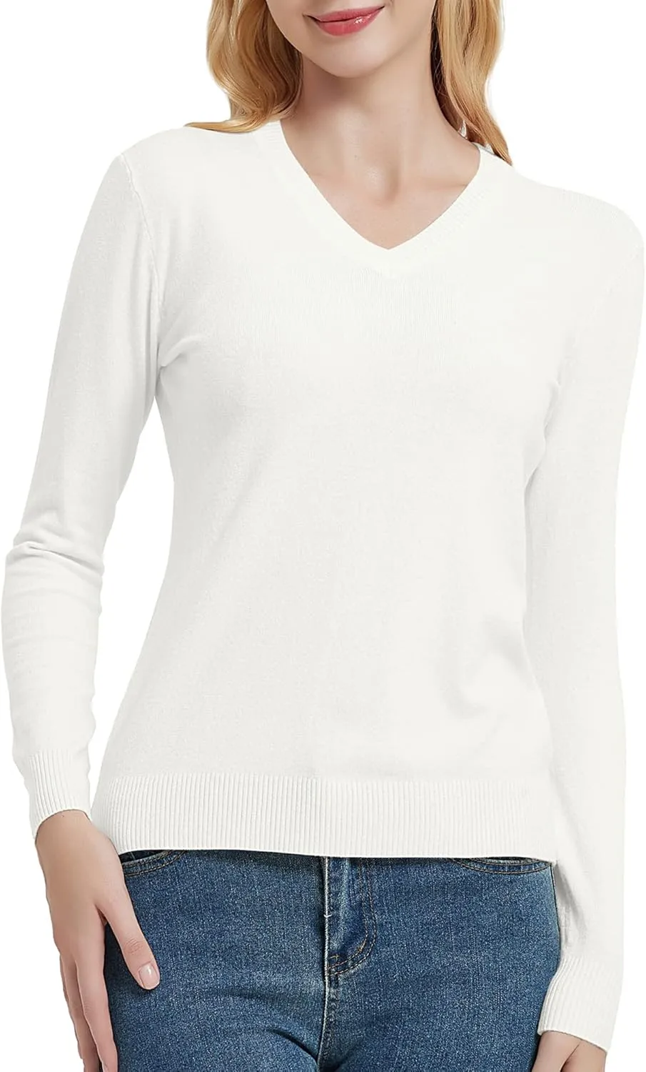 Urban CoCo Women's V Neck Long Sleeve Solid Classic Knit Pullover Sweater Tops