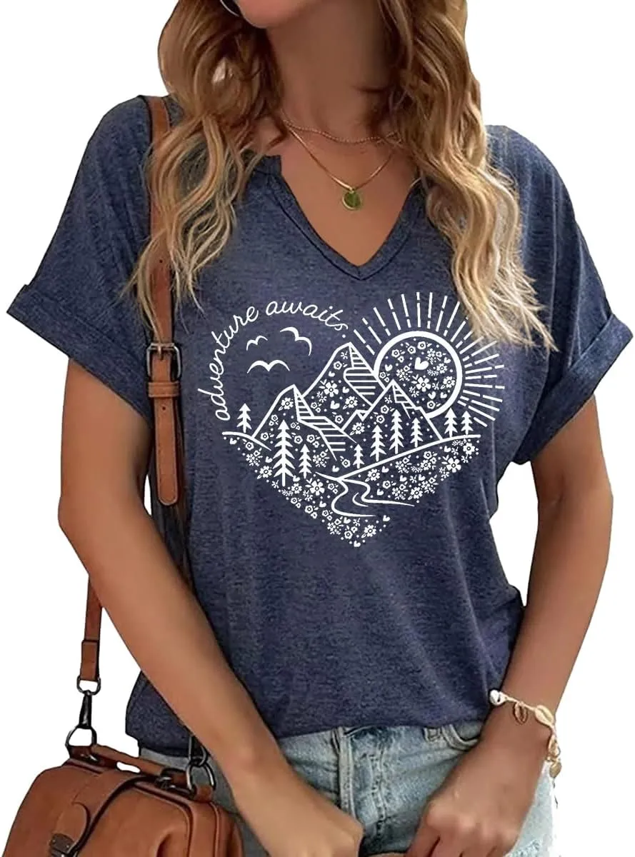 Vircreate Womens V Neck T-Shirts Adventure Awaits Outdoors Tees Hike Mountain Vacation Funny Travel Tops