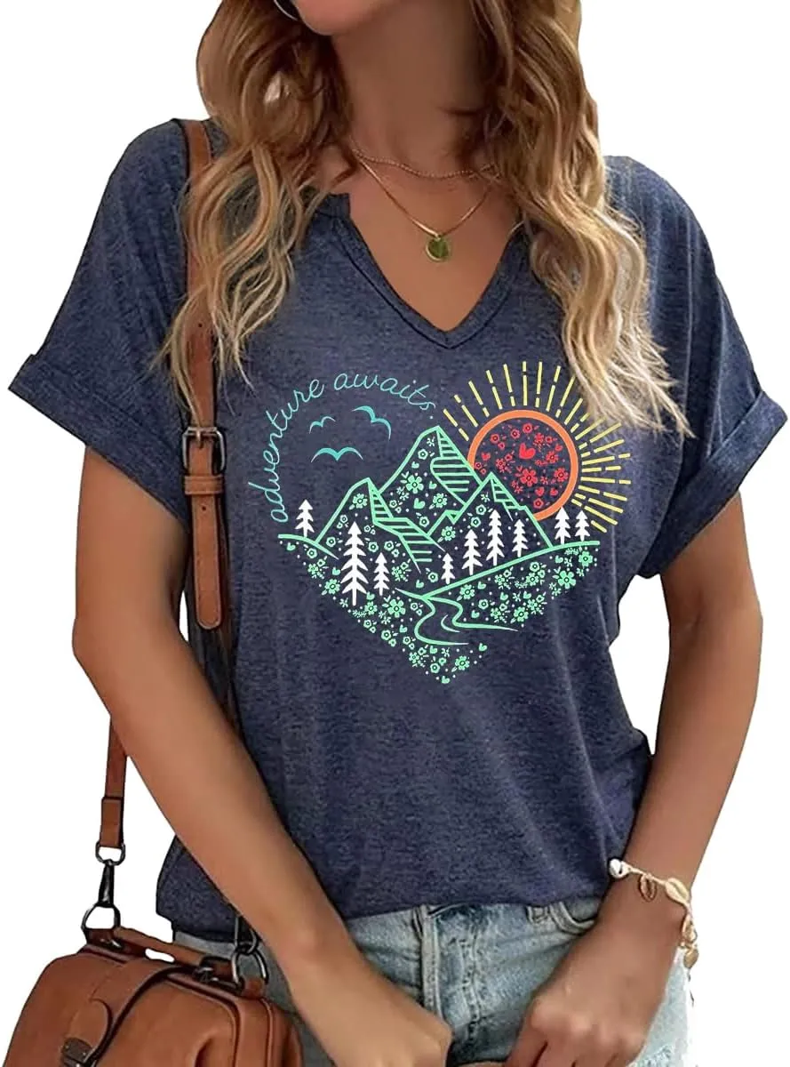 Vircreate Womens V Neck T-Shirts Adventure Awaits Outdoors Tees Hike Mountain Vacation Funny Travel Tops