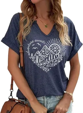Vircreate Womens V Neck T-Shirts Adventure Awaits Outdoors Tees Hike Mountain Vacation Funny Travel Tops