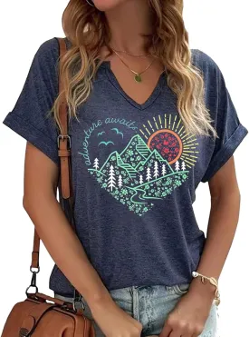 Vircreate Womens V Neck T-Shirts Adventure Awaits Outdoors Tees Hike Mountain Vacation Funny Travel Tops