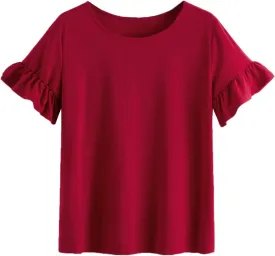 WDIRARA Women's Casual Ruffle Sleeve Round Neck Solid Tee Shirt