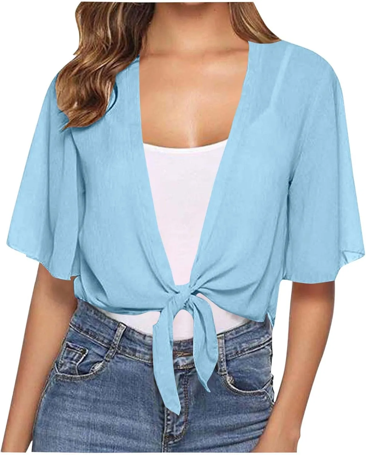 Women Shrug Chiffon Cardigan Open Front Short Sleeve Bolero 2025 Summer Lightweight Tie Front Top Rash Guard for Dress
