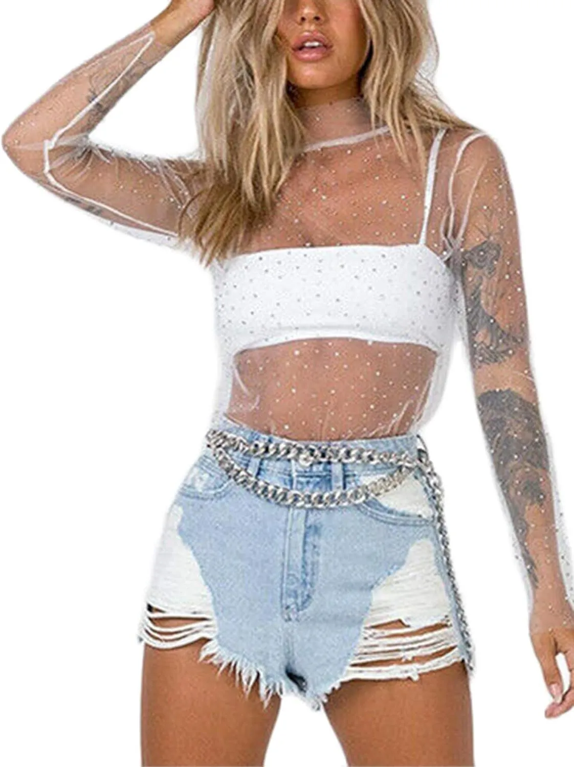 Women Y2K Sexy See Through Shirts Mesh Sheer Tops Long Sleeve Slim Fit Layering Top Blouse E Gril Streetwear 