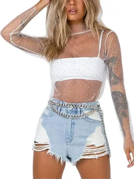 Women Y2K Sexy See Through Shirts Mesh Sheer Tops Long Sleeve Slim Fit Layering Top Blouse E Gril Streetwear 