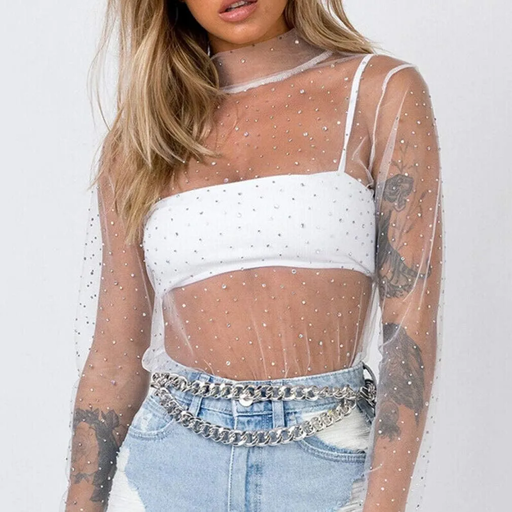 Women Y2K Sexy See Through Shirts Mesh Sheer Tops Long Sleeve Slim Fit Layering Top Blouse E Gril Streetwear 