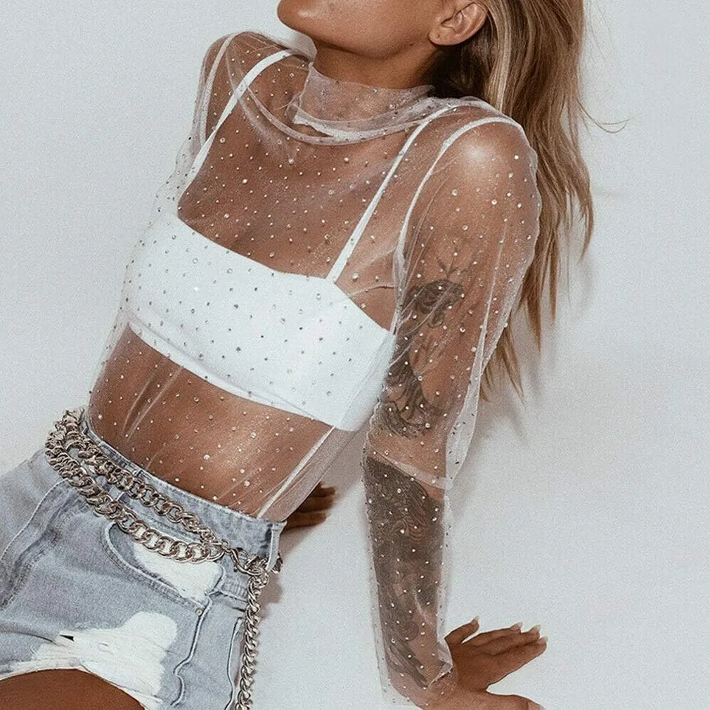 Women Y2K Sexy See Through Shirts Mesh Sheer Tops Long Sleeve Slim Fit Layering Top Blouse E Gril Streetwear 