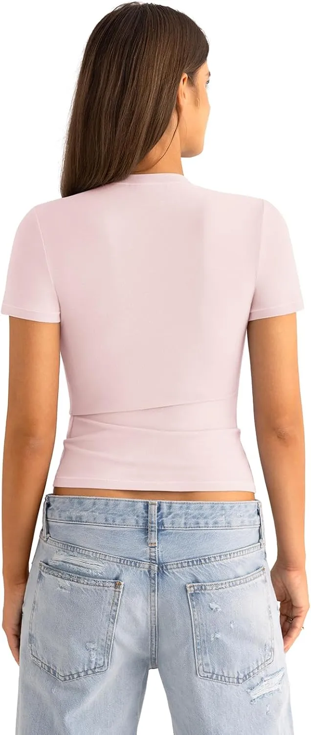Womens Cotton Crew Neck Short Sleeve Shirts Summer Top Fashion Round Neck Crop Tops Basic Going Out Tee