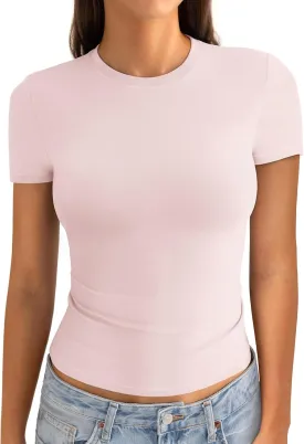Womens Cotton Crew Neck Short Sleeve Shirts Summer Top Fashion Round Neck Crop Tops Basic Going Out Tee