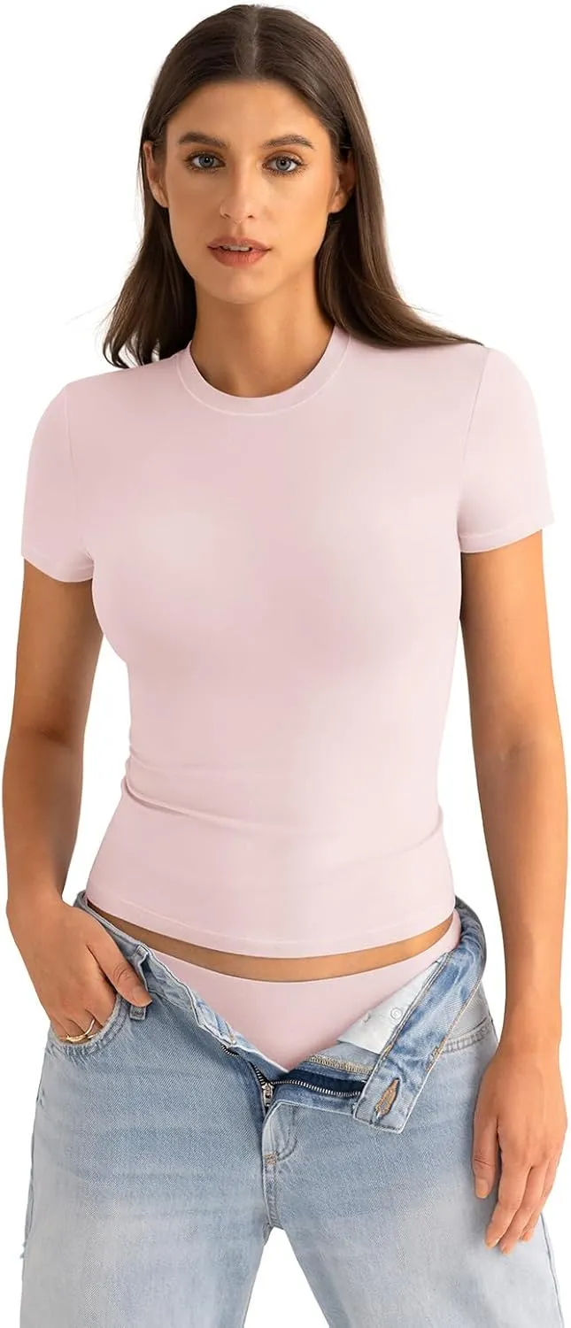 Womens Cotton Crew Neck Short Sleeve Shirts Summer Top Fashion Round Neck Crop Tops Basic Going Out Tee