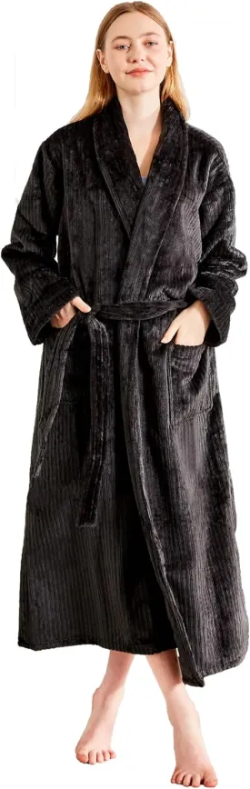 Womens Plush Fleece Bathrobe  Fluffy Stripe Shaggy Design, Warm and Soft Flannel Long Robe for Spa and Relaxation