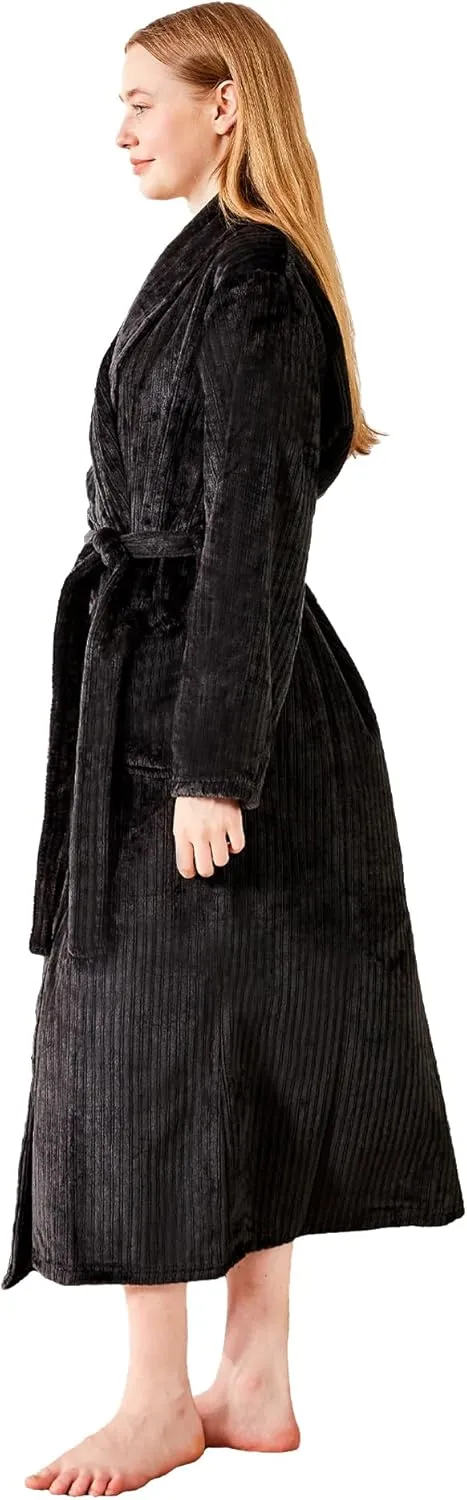 Womens Plush Fleece Bathrobe  Fluffy Stripe Shaggy Design, Warm and Soft Flannel Long Robe for Spa and Relaxation