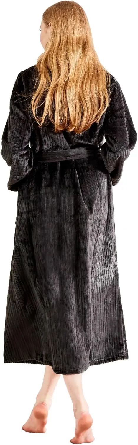 Womens Plush Fleece Bathrobe  Fluffy Stripe Shaggy Design, Warm and Soft Flannel Long Robe for Spa and Relaxation