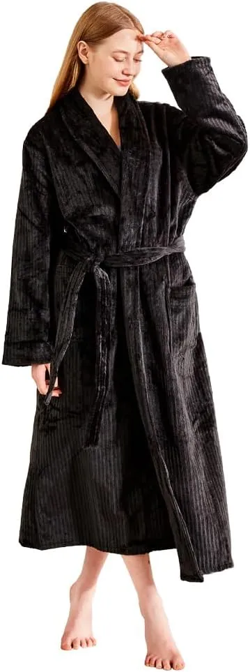 Womens Plush Fleece Bathrobe  Fluffy Stripe Shaggy Design, Warm and Soft Flannel Long Robe for Spa and Relaxation
