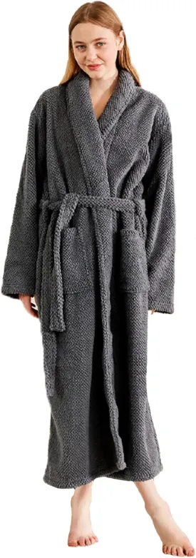 Women's Plush Fleece Bathrobe, Warm and Fluffy Sherpa, Soft Dot Jacquard Robe