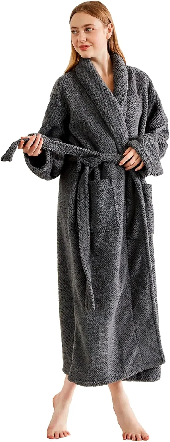 Women's Plush Fleece Bathrobe, Warm and Fluffy Sherpa, Soft Dot Jacquard Robe