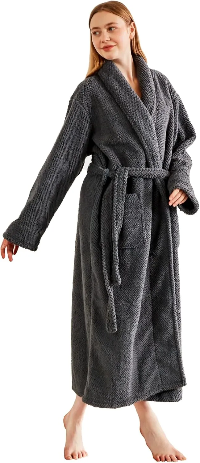 Women's Plush Fleece Bathrobe, Warm and Fluffy Sherpa, Soft Dot Jacquard Robe
