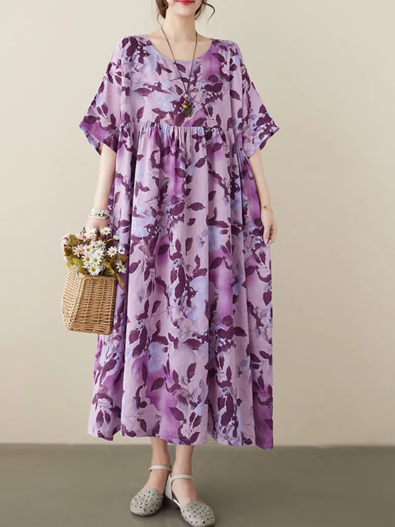 Wonder Women's Cotton Round Neck Floral Smock Dress