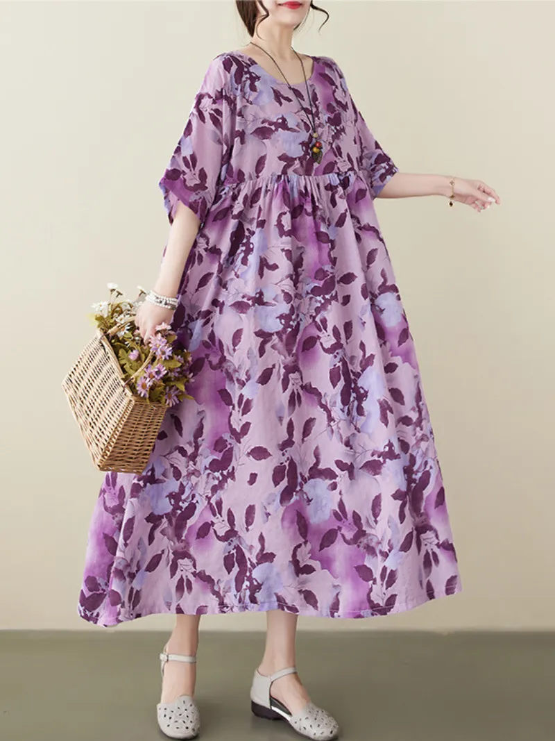 Wonder Women's Cotton Round Neck Floral Smock Dress