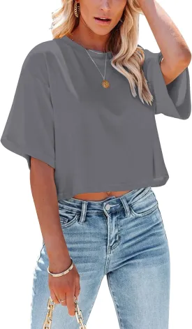 Yuccalley Women's Summer Crop Tops Short Sleeve Round Neck T-Shirt Basic Tees