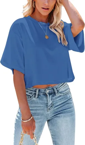 Yuccalley Women's Summer Crop Tops Short Sleeve Round Neck T-Shirt Basic Tees