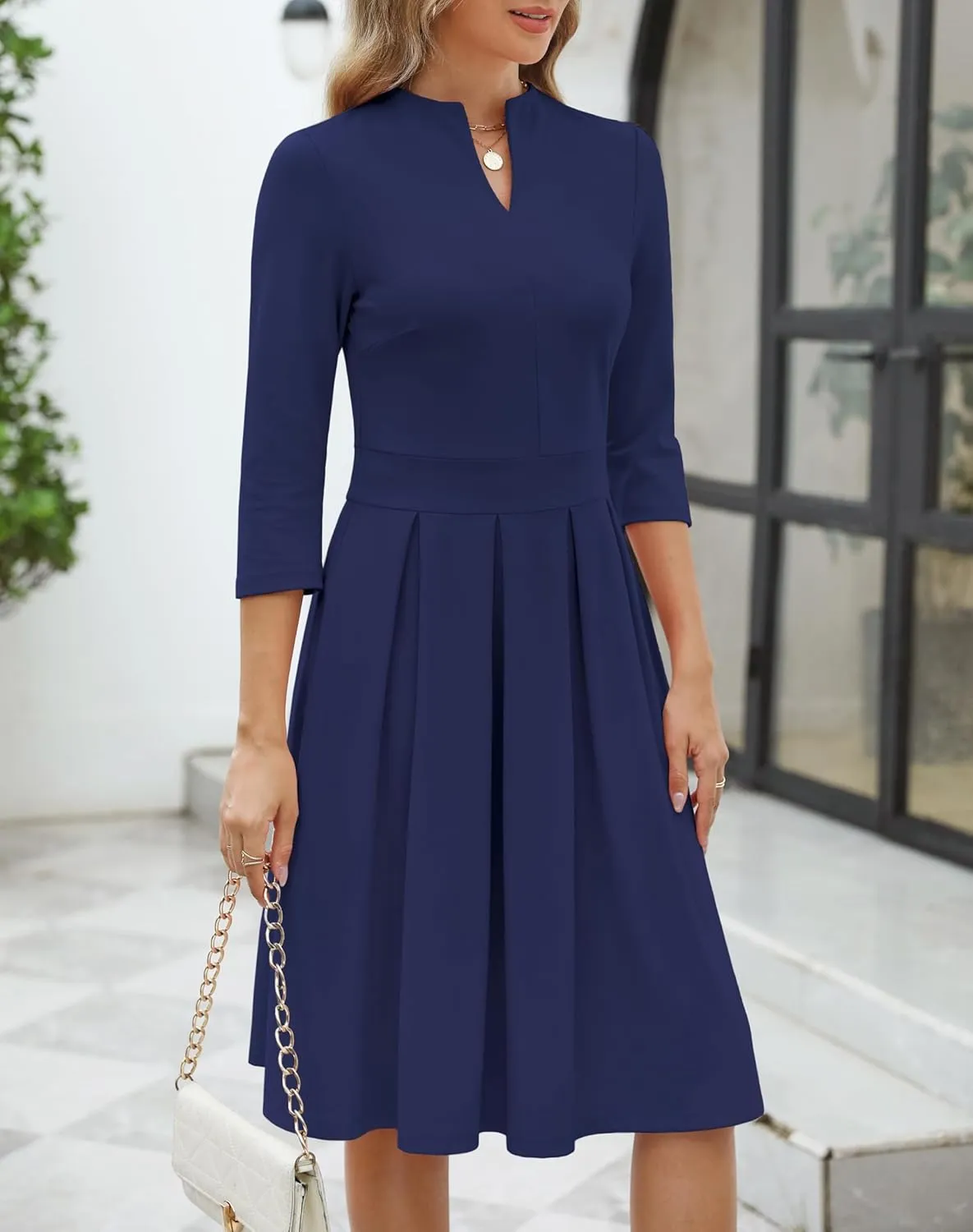 Zattcas Women 2025 Spring Summer Midi Dress Vneck 3/4 Sleeve Business Casual Work Teacher Church Knit Pleated A Line Dresses