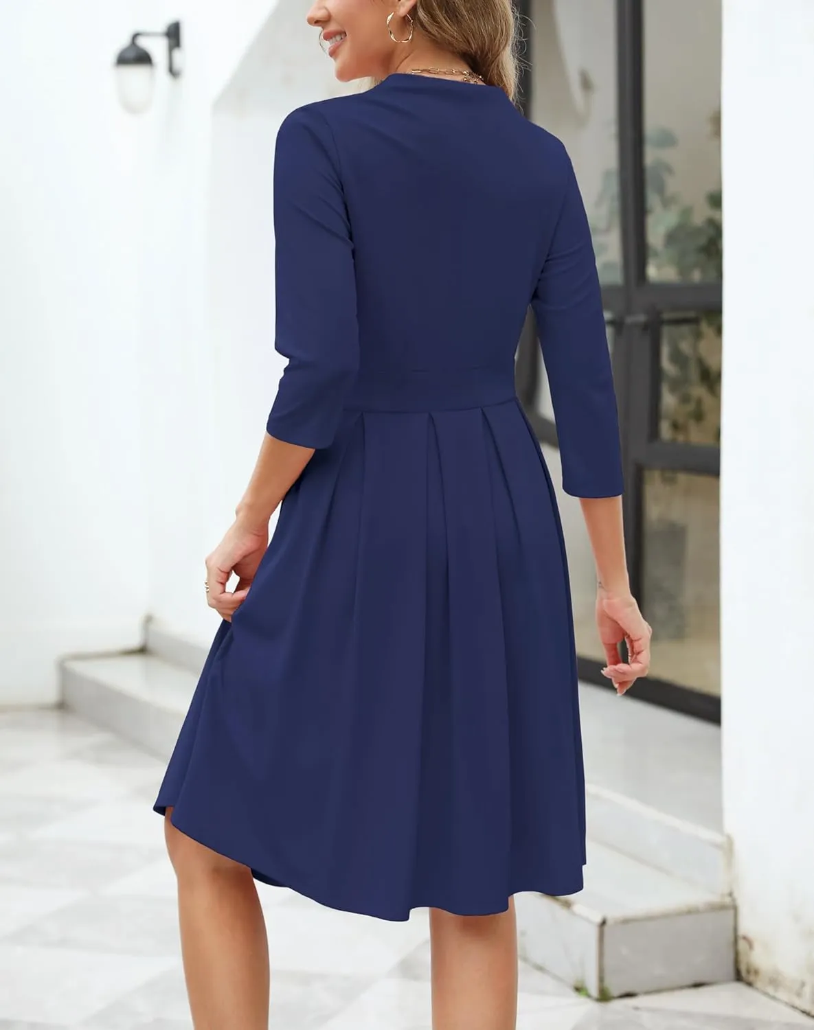 Zattcas Women 2025 Spring Summer Midi Dress Vneck 3/4 Sleeve Business Casual Work Teacher Church Knit Pleated A Line Dresses