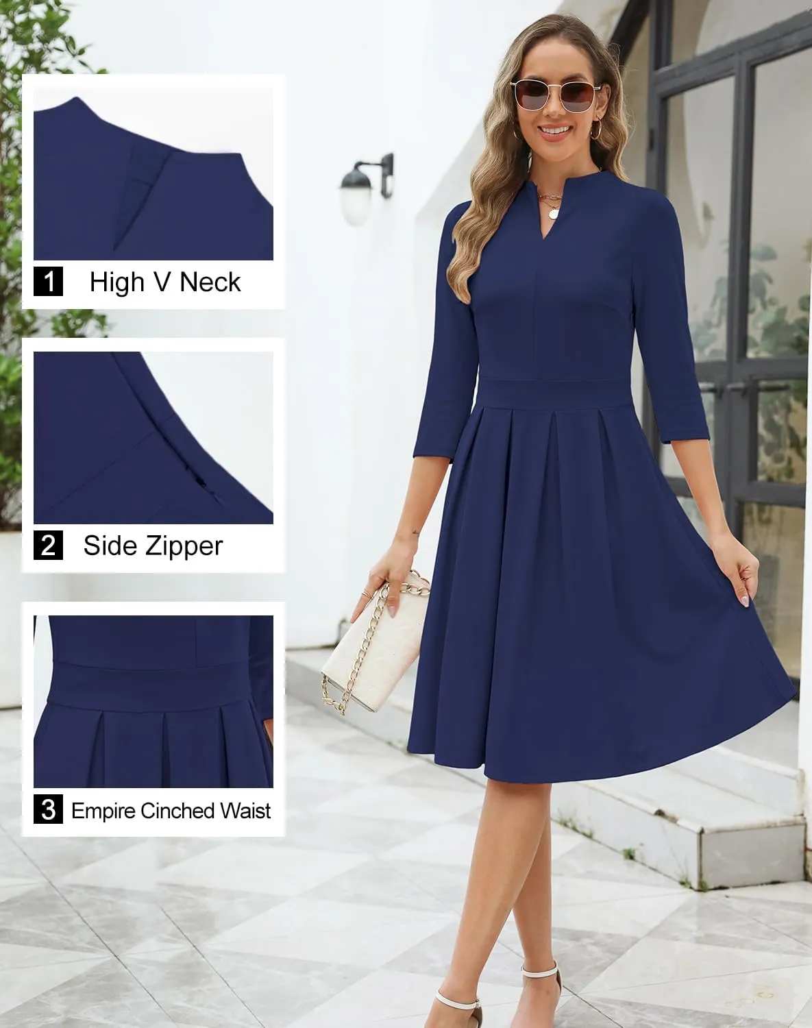 Zattcas Women 2025 Spring Summer Midi Dress Vneck 3/4 Sleeve Business Casual Work Teacher Church Knit Pleated A Line Dresses