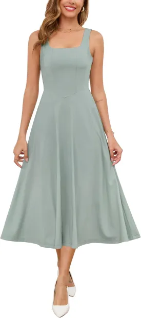 Zattcas Womens 2025 Spring Summer Square Neck Sleeveless Flowy Swing Midi Dress Wedding Guest Prom Cocktail Party Dress