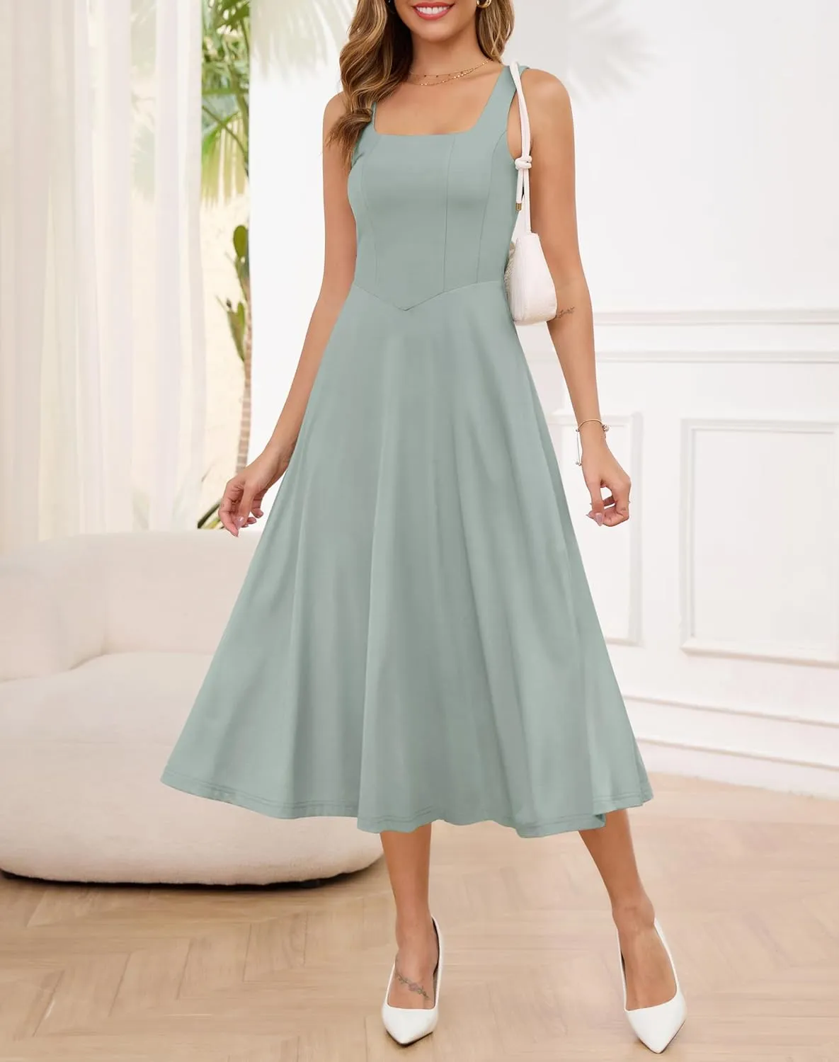 Zattcas Womens 2025 Spring Summer Square Neck Sleeveless Flowy Swing Midi Dress Wedding Guest Prom Cocktail Party Dress