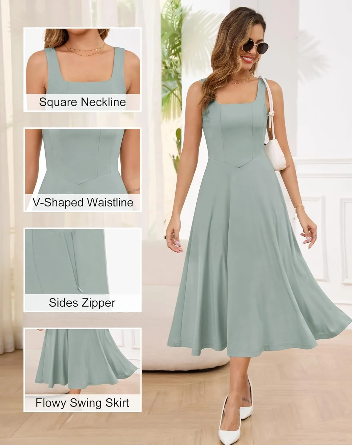 Zattcas Womens 2025 Spring Summer Square Neck Sleeveless Flowy Swing Midi Dress Wedding Guest Prom Cocktail Party Dress