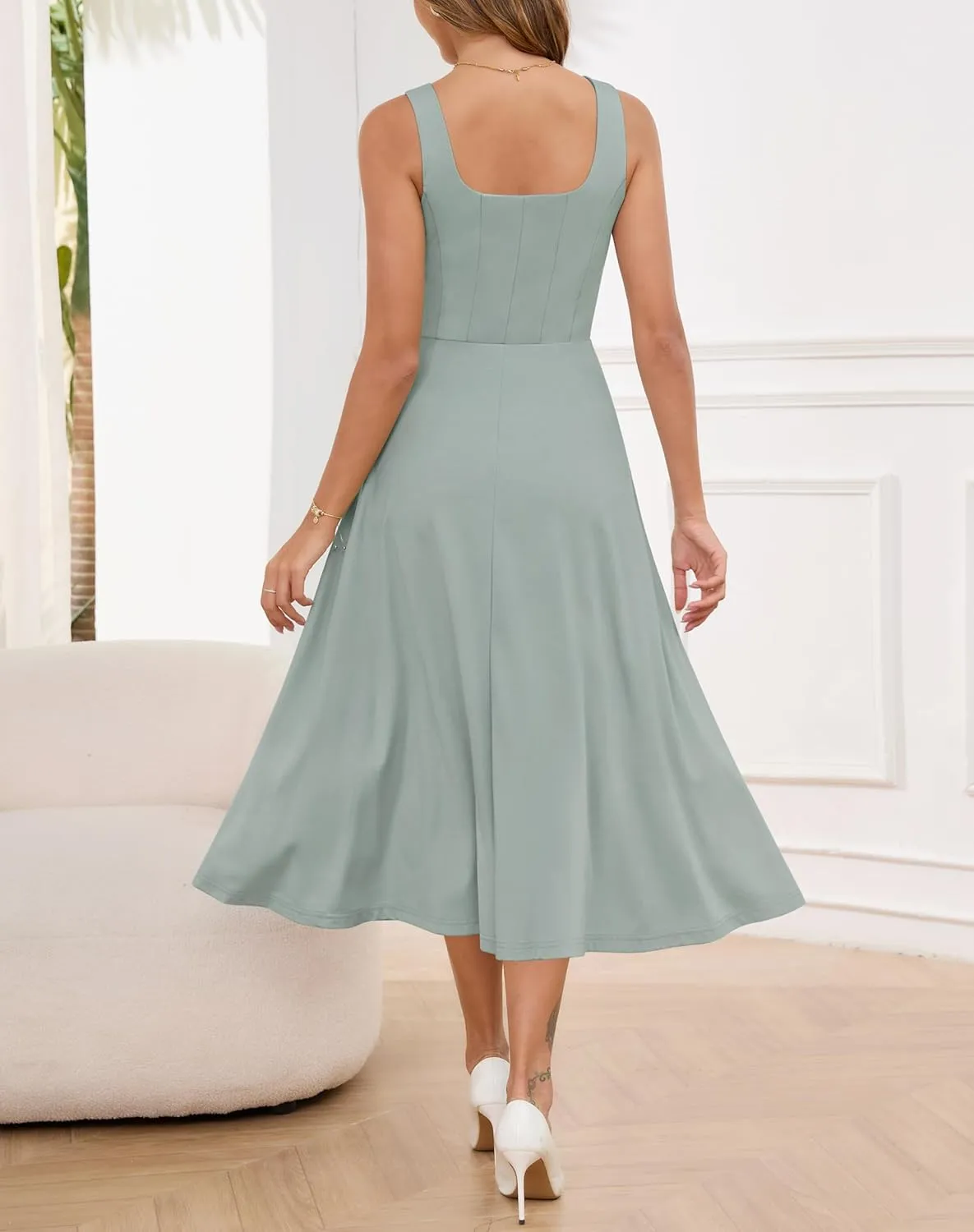 Zattcas Womens 2025 Spring Summer Square Neck Sleeveless Flowy Swing Midi Dress Wedding Guest Prom Cocktail Party Dress